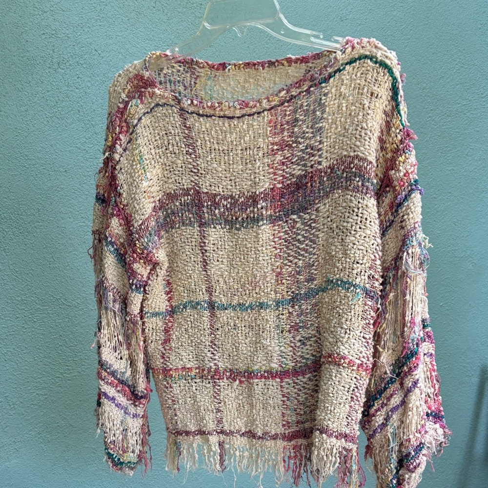 Vintage Boho Fringe Knit Sweater - Multicolor Cream Plaid